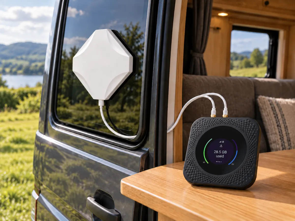An antenna on a campervan window, wired to a portable WiFi unit on the table inside