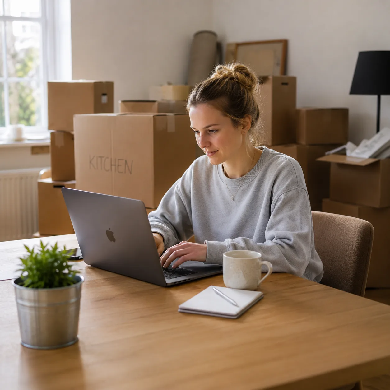Woman working on a laptop beside moving boxes in a new-build home
