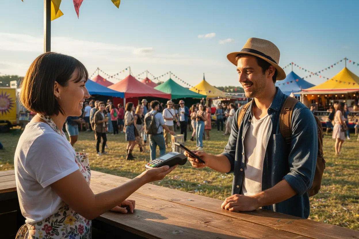 Food vendor taking a card payment on an EPOS terminal at an outdoor festival