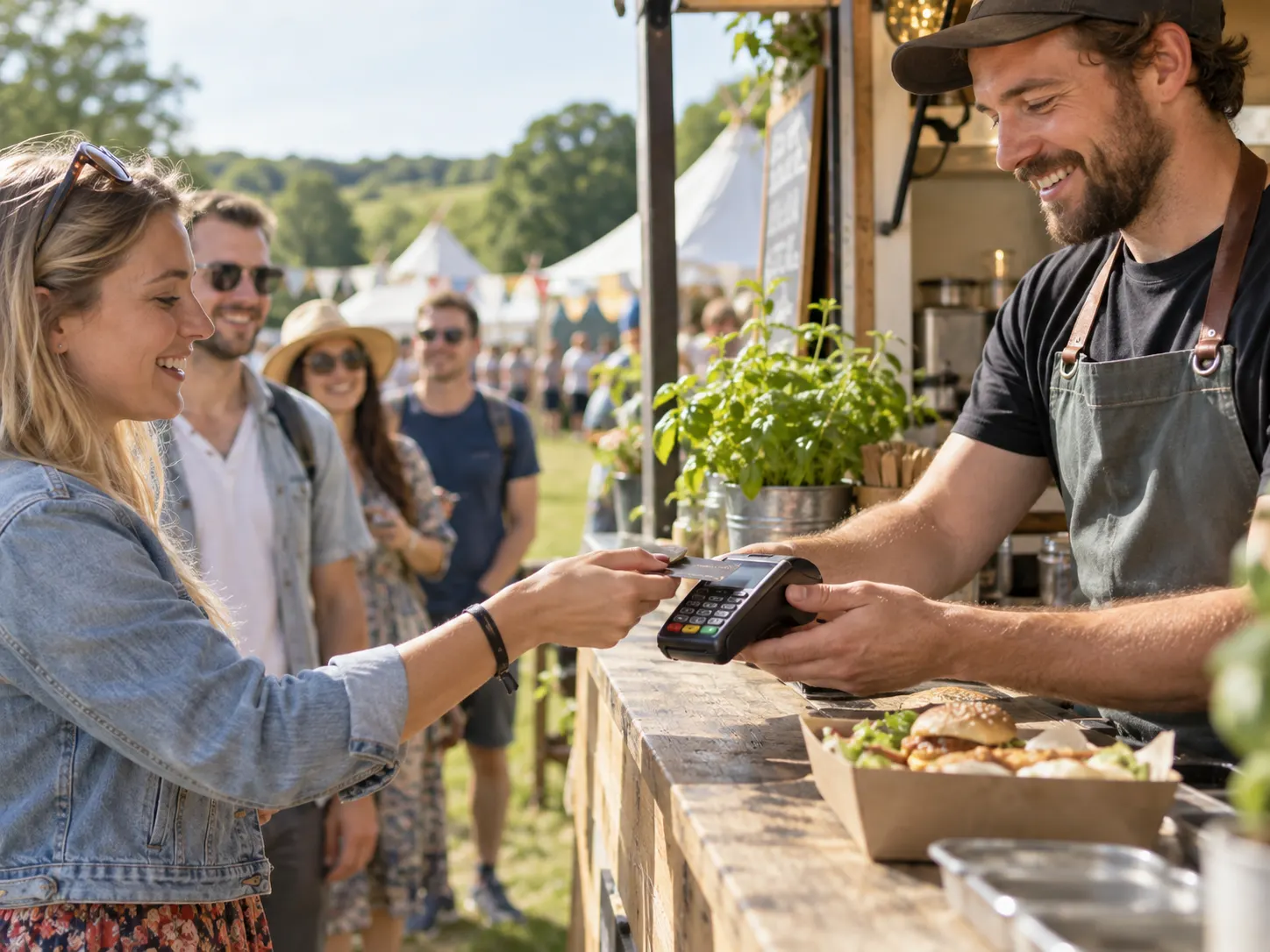 Food trader taking a contactless card payment at an outdoor event