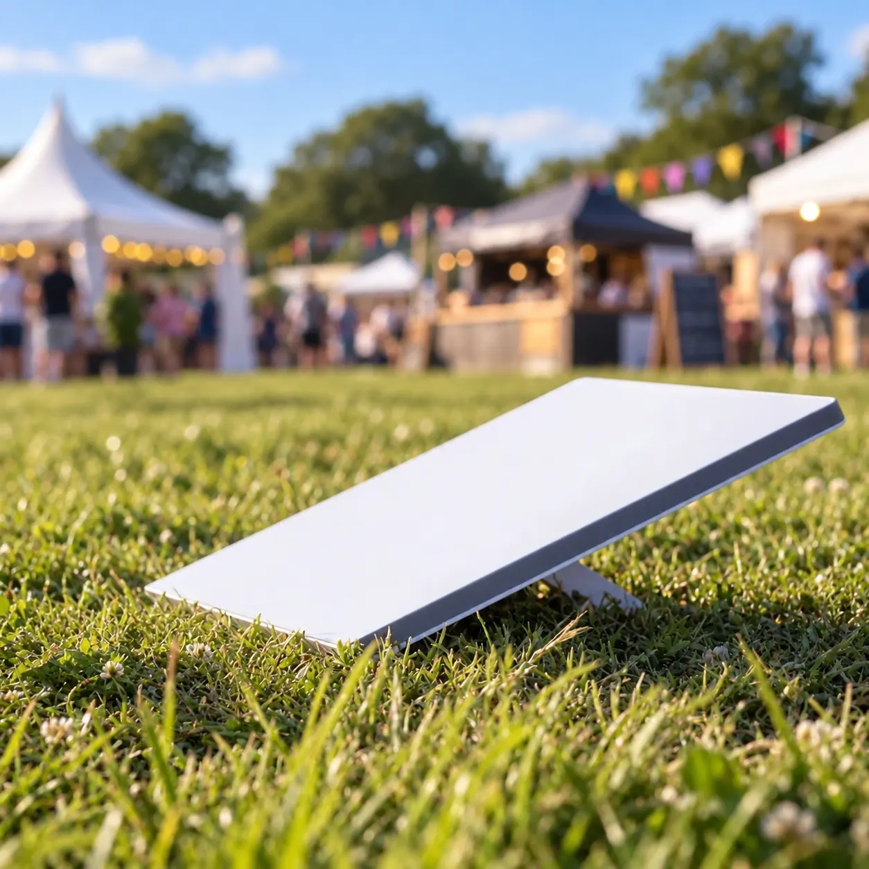 Starlink Mini set up on grass beside an outdoor festival