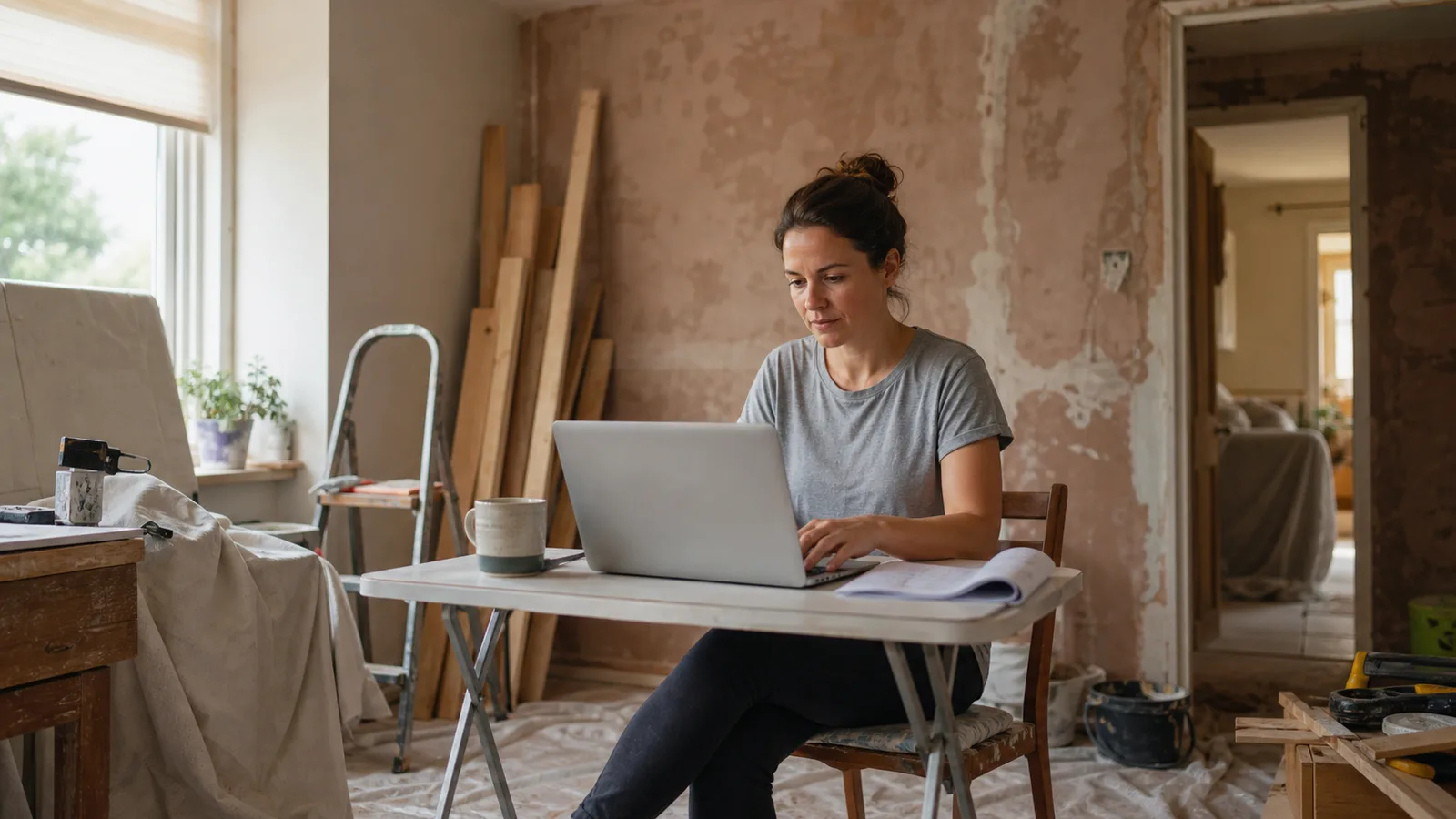 Woman using a laptop at a temporary table in a house under renovation