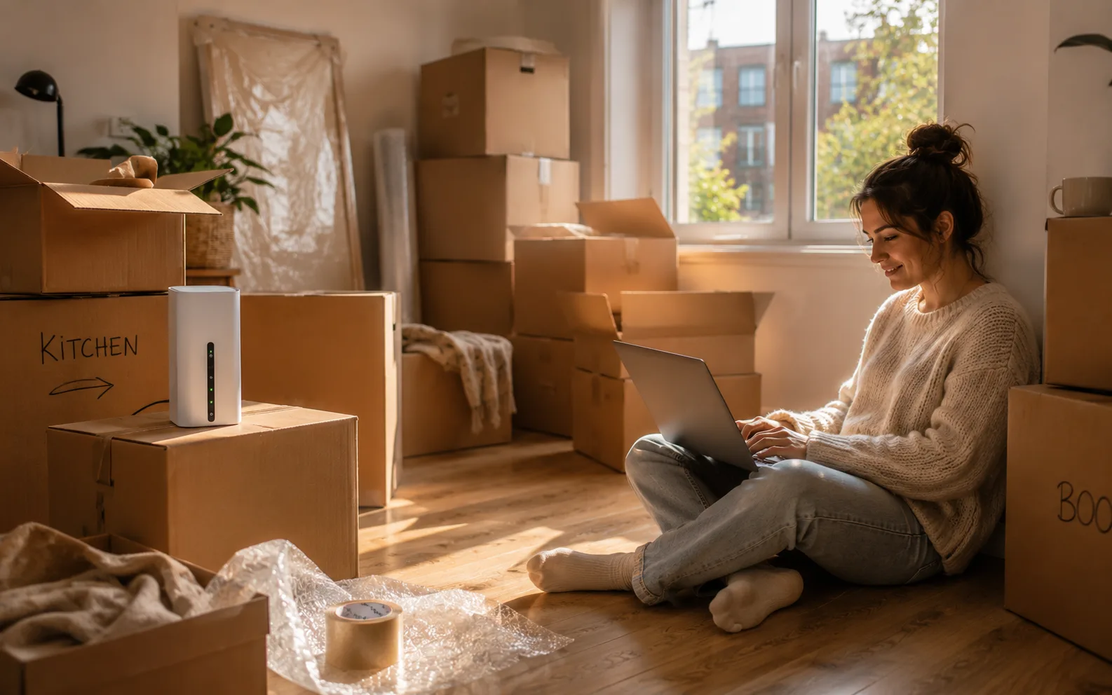 Woman using a laptop beside moving boxes and a Home Router in a new-build home