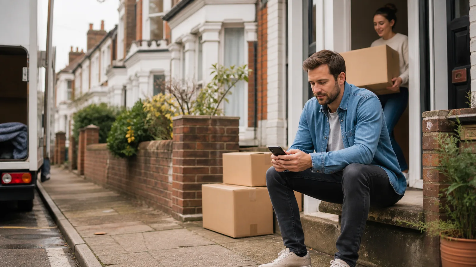 Couple moving boxes from a terraced house while checking a phone