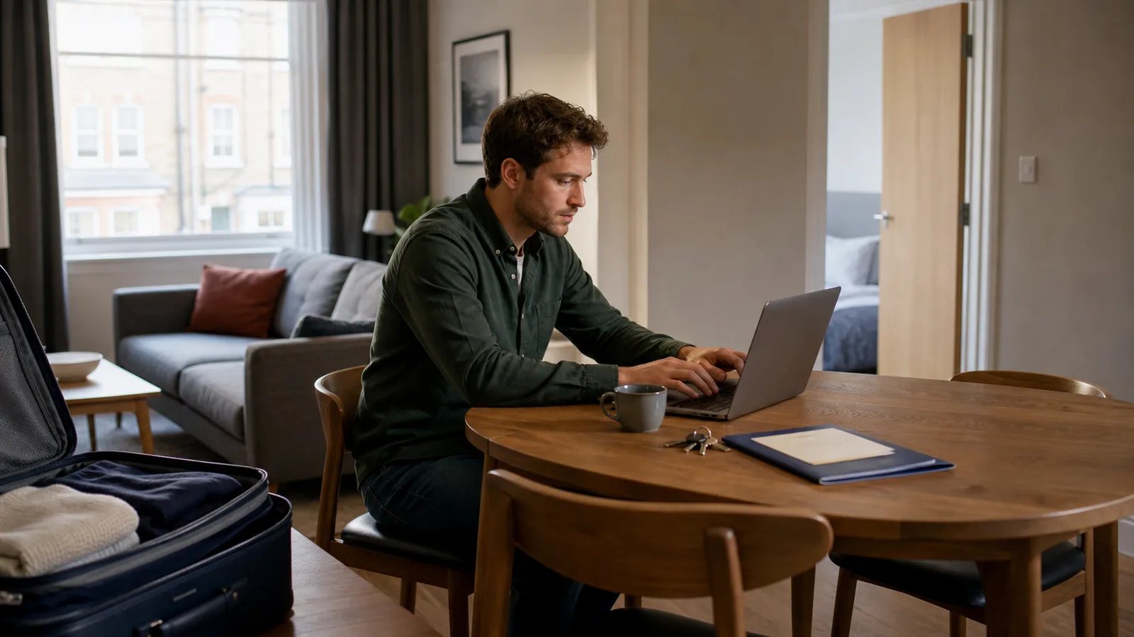 Man using a laptop beside an open suitcase in a furnished short-term rental flat