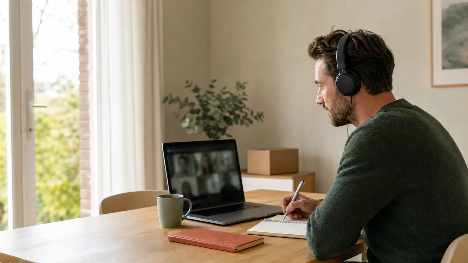 Remote worker taking notes during a video meeting at a dining table