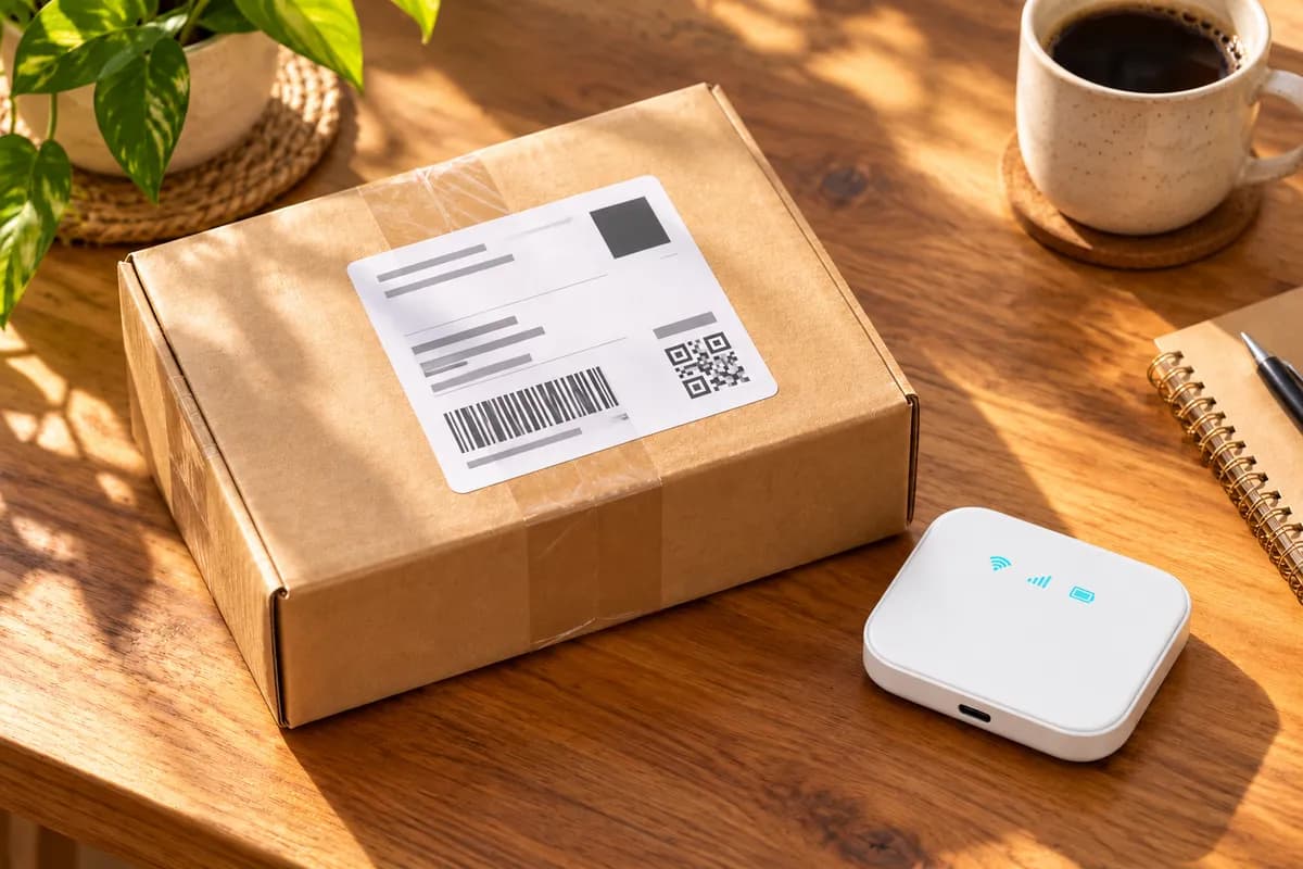 A parcel with a return label next to a FlexiWiFi device