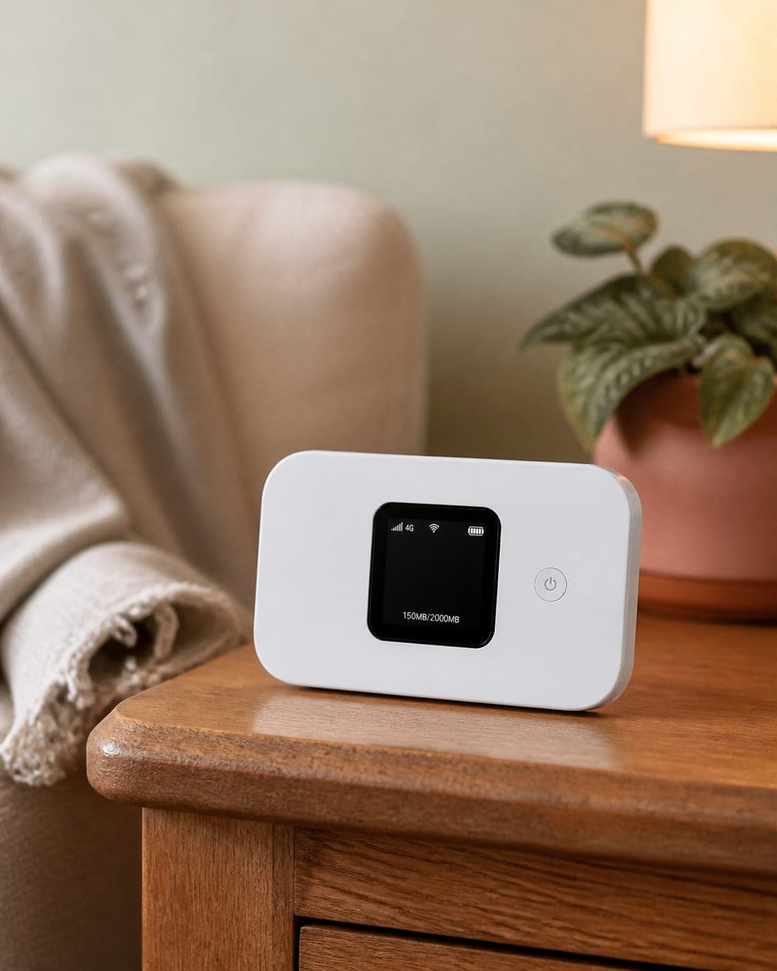 A FlexiWiFi Pocket WiFi device on a bedside table