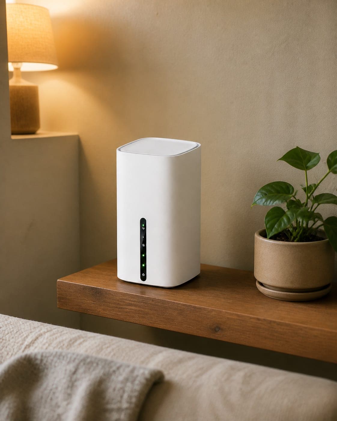 A FlexiWiFi 5G Home Router set up on a shelf in a living room