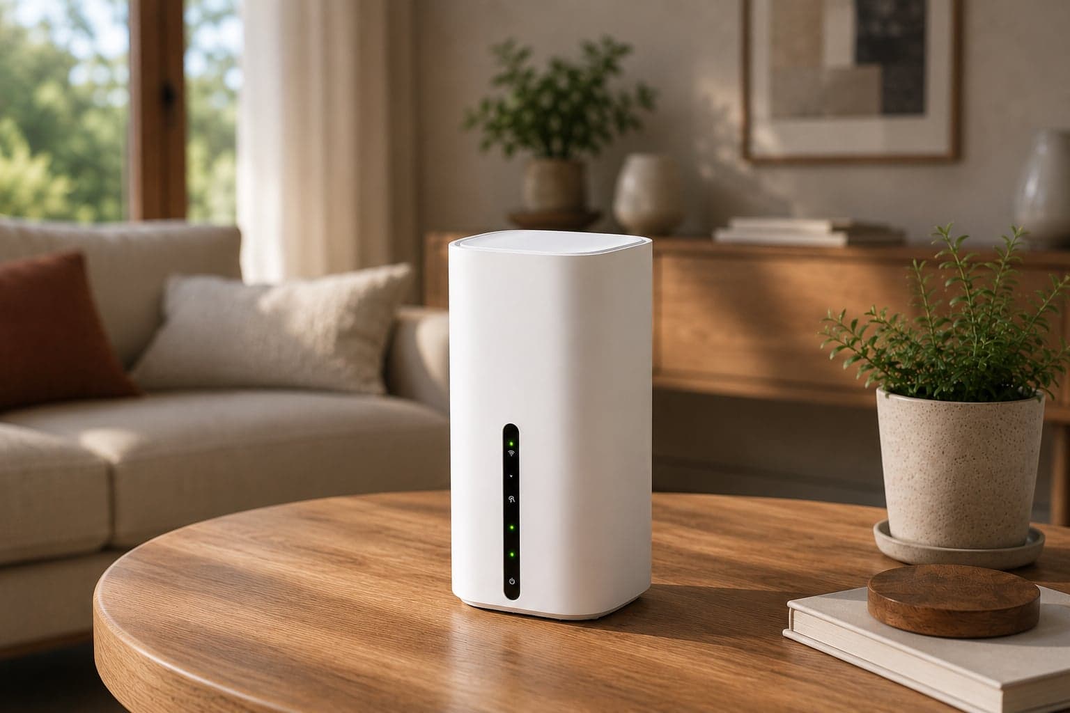 White 5G Home Router on a living room table