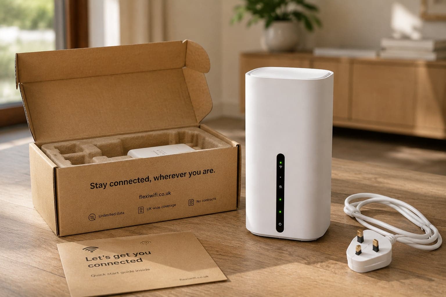 5G Home Router unboxed with SIM card, power adapter and quick-start guide