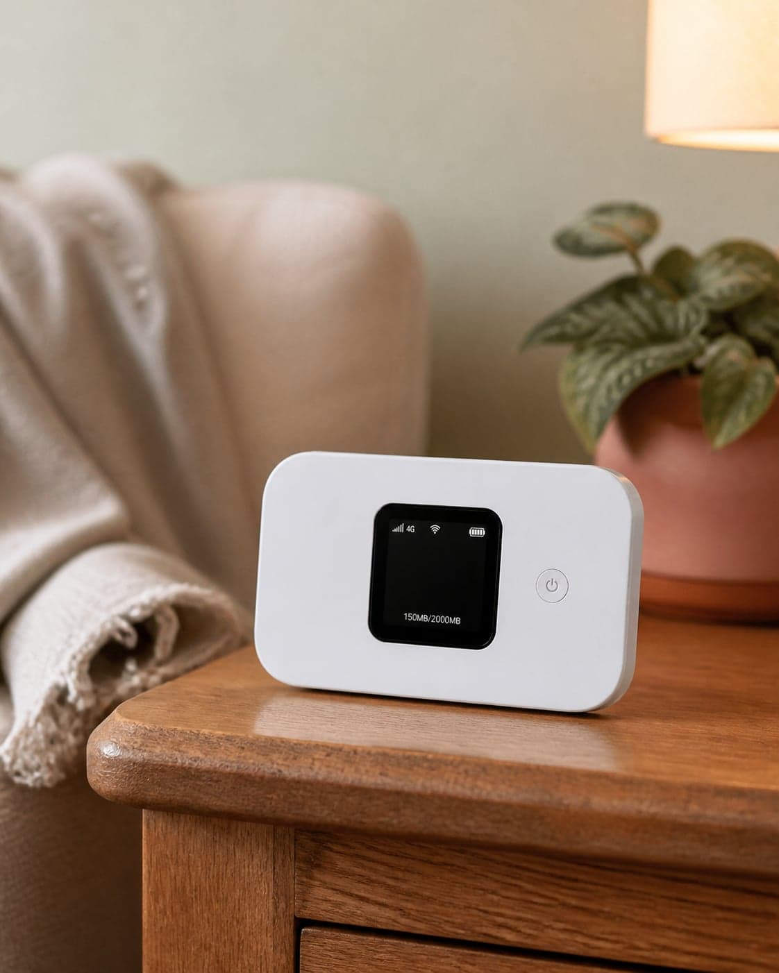 FlexiWiFi Pocket WiFi device on a wooden side table at home