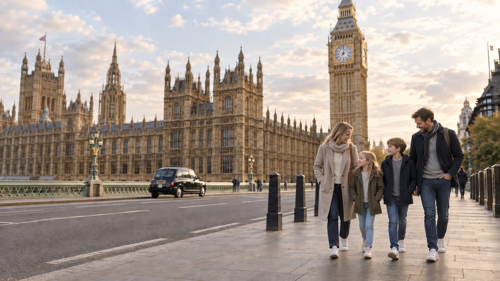 A family checking their phones together while sightseeing along the Thames in London