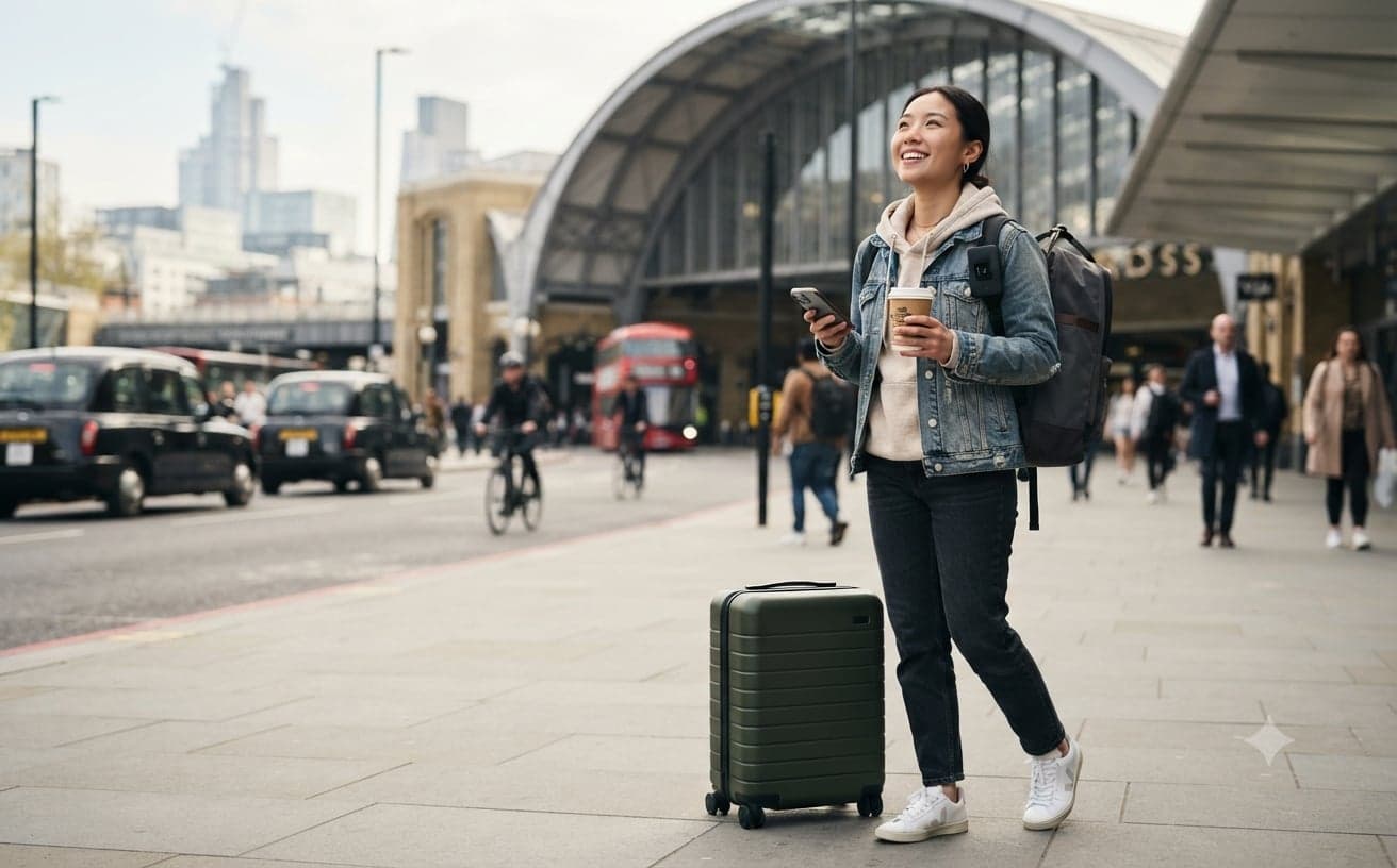 Young woman with a suitcase, backpack and phone outside a London railway station
